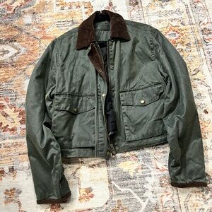 Blank NYC Olive Green Waxed Cotton Field Jacket with Brown Corduroy Collar